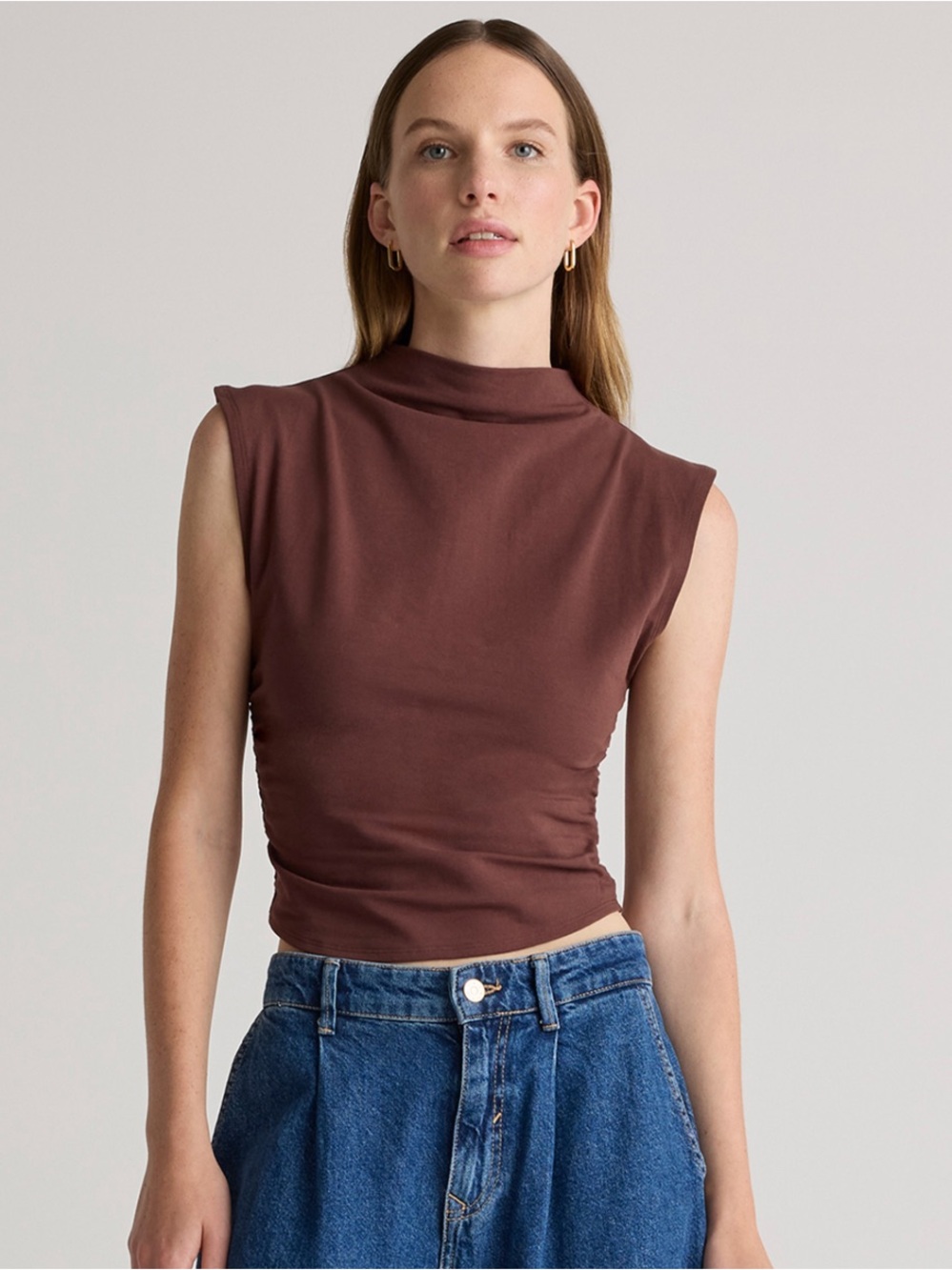 Stretch Cotton Jersey Sleeveless Mock Neck Top in Brown